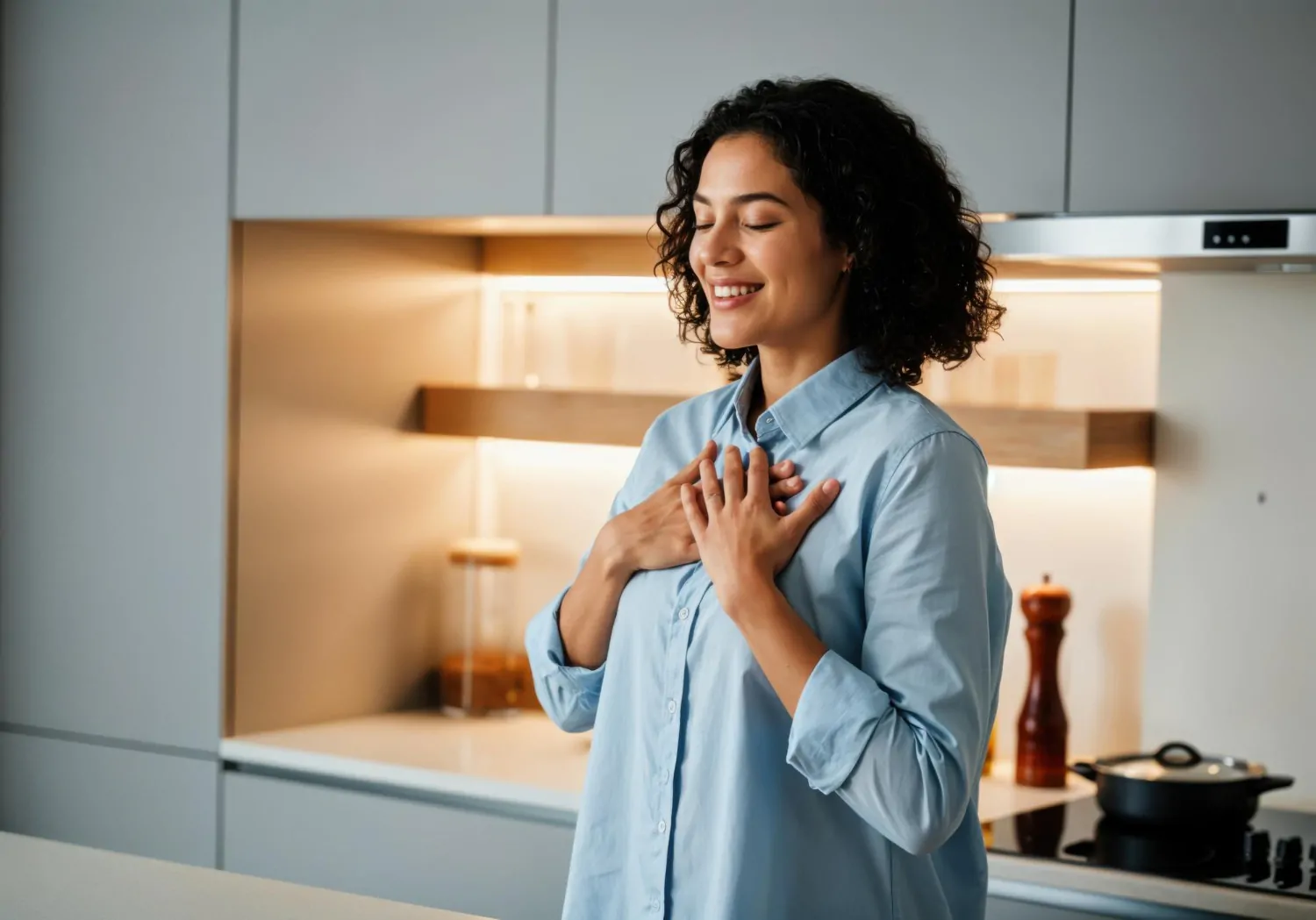mulher respirando aliviada na cozinha