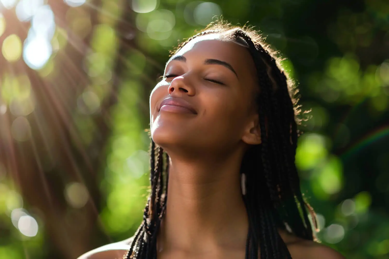 Mulher aproveitando a luz solar ao ar livre para estimular bem-estar e produção natural de vitamina D